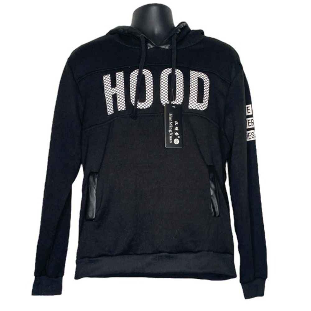 NWT HanMingXuan Faux Leather Lined Slogan Hoodie (Size:XXL, Color:Black/White)